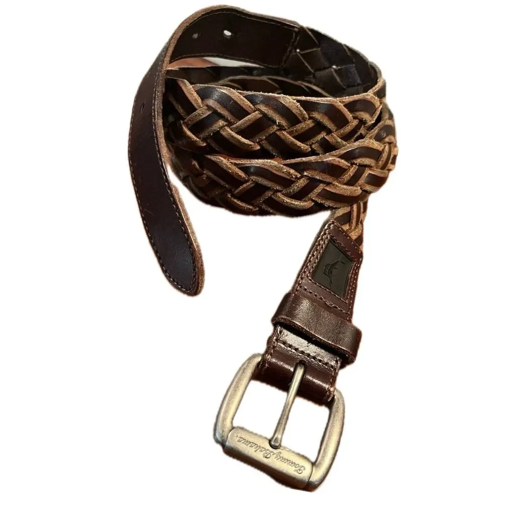 Tommy Bahama Men's Classic Genuine Leather Braided Woven Brown Belt 42
